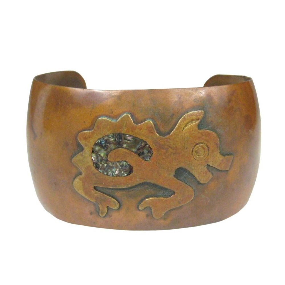 Vintage Mexican Copper Cuff Bracelet Inlaid Abalone Shell Gecko Mid Century WEAR
